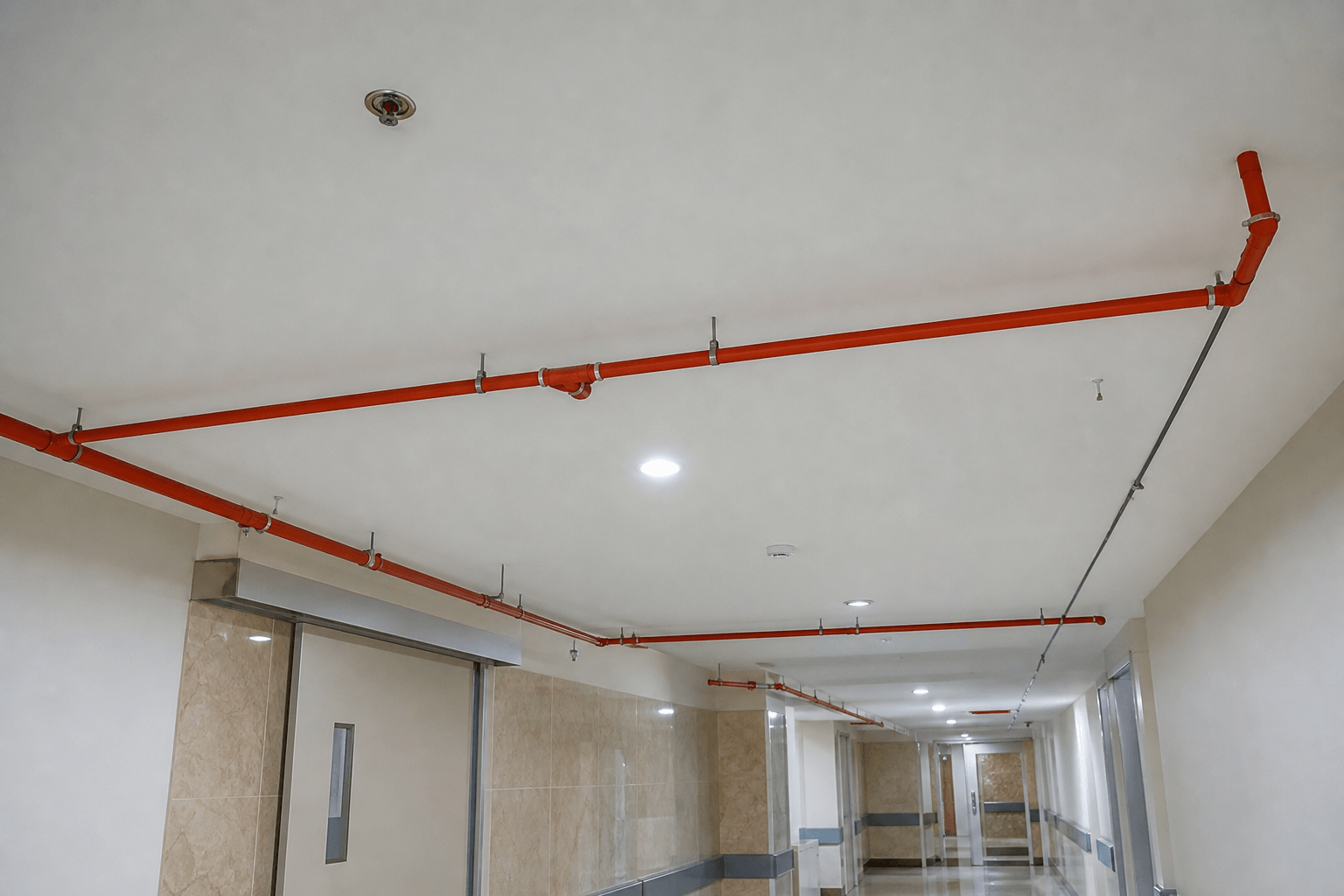 Tubería contra incendio CPVC naranja en pasillo institucional