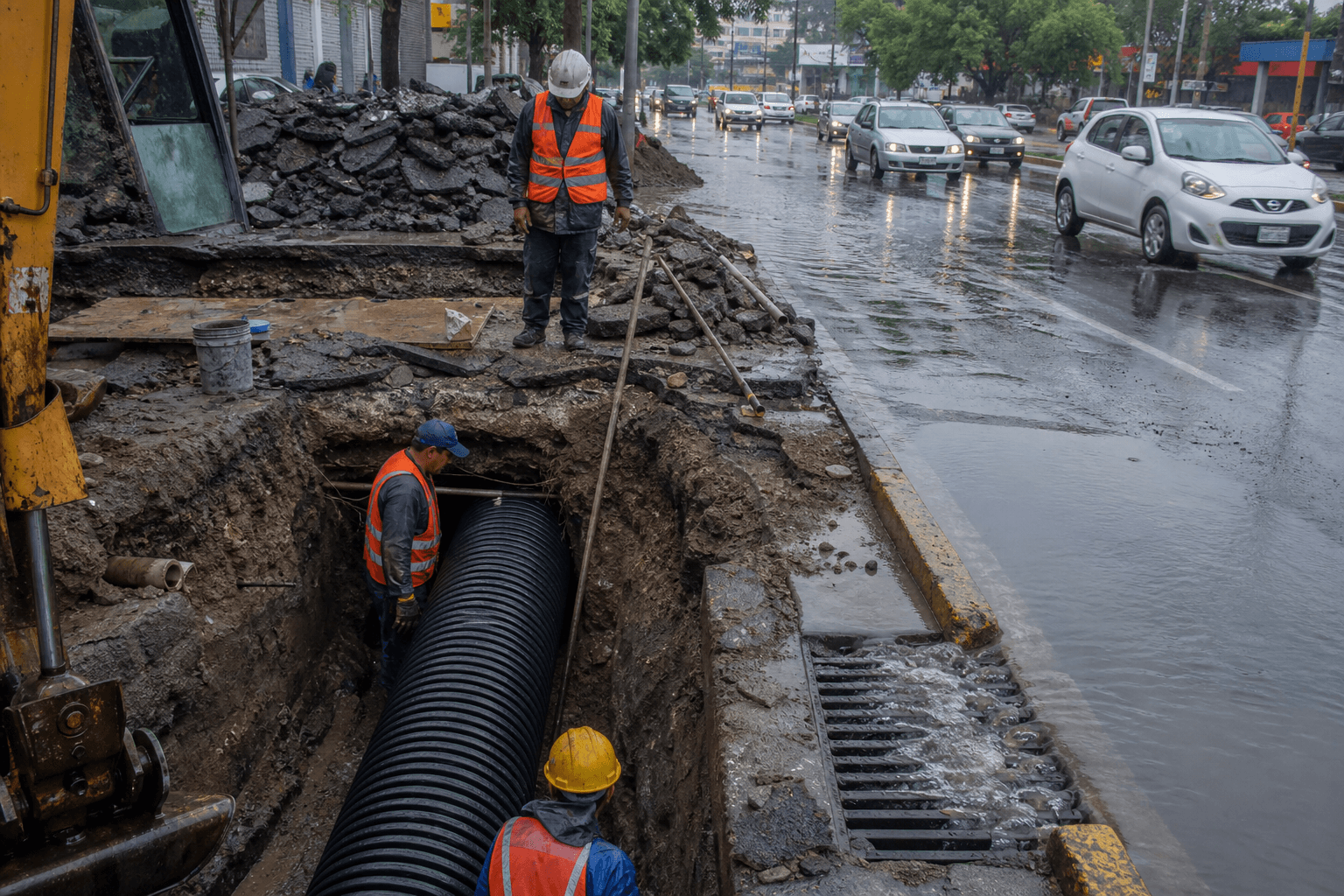 Instalación de drenaje pluvial PEAD en zanja con lluvia