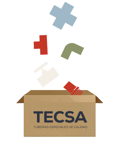 Ilustración de caja TECSA Tuberías Especiales llenándose con conexiones y válvulas